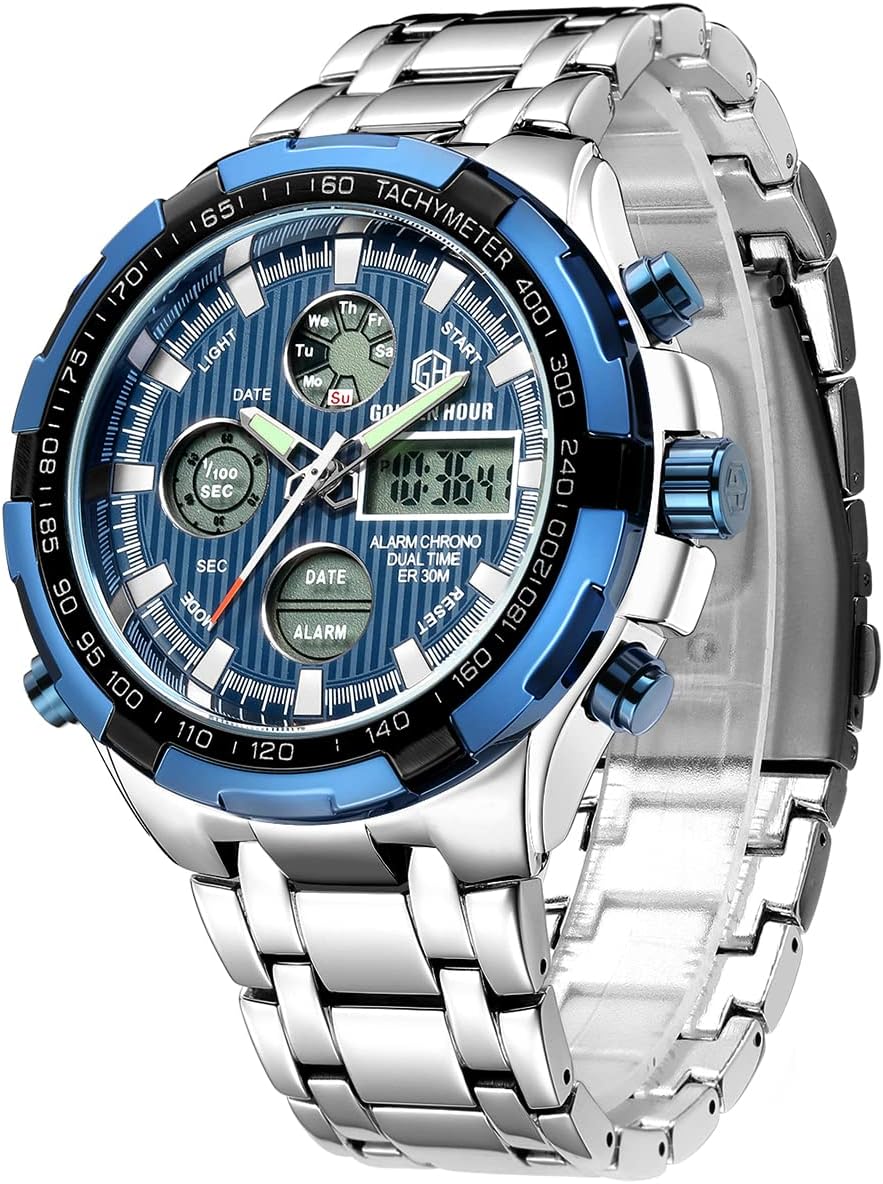 Luxury Stainless Steel Analog Digital Watches for Men Outdoor Sport