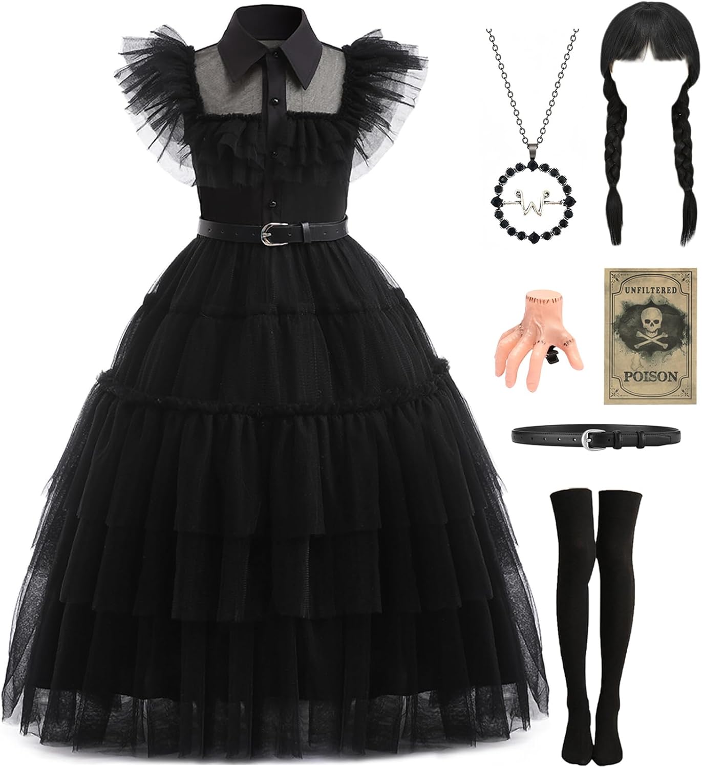 Girls Black Dress Halloween Costume Set with Accessories for Kids
