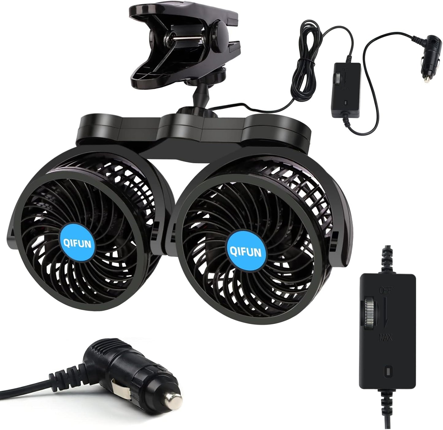 QIFUN Dual Head Car Fan: Adjustable Cooling Power!