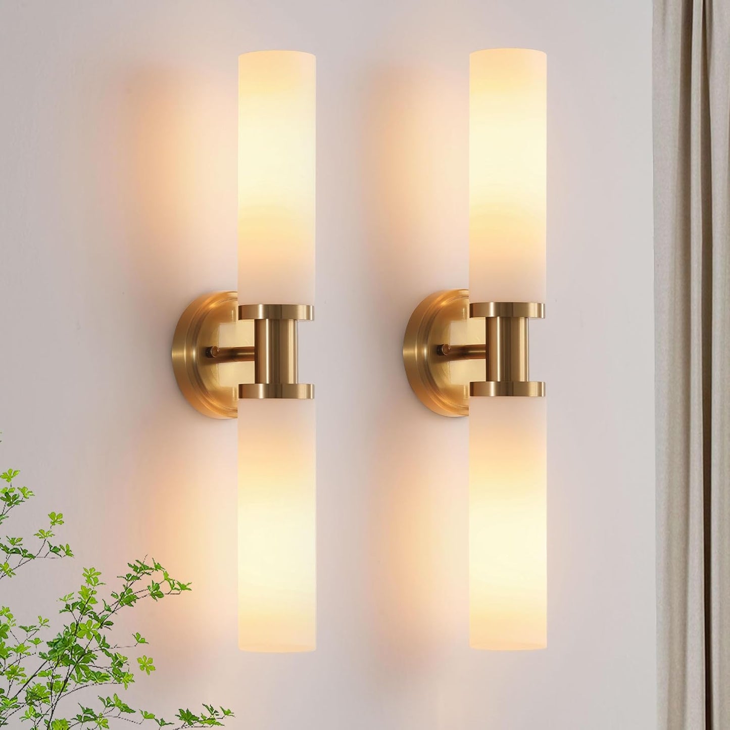 Brass Gold Bathroom Wall Sconces Set of Two with White Glass