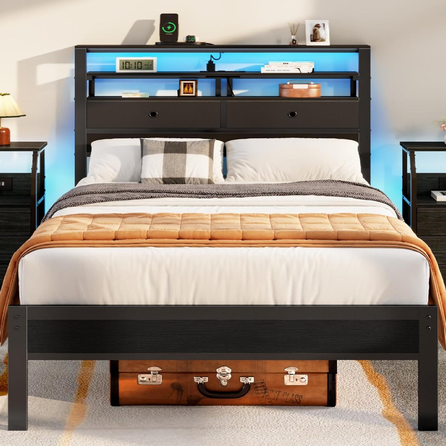 Furnulem Full Size Bed Frame with LED Lights and Storage Drawers