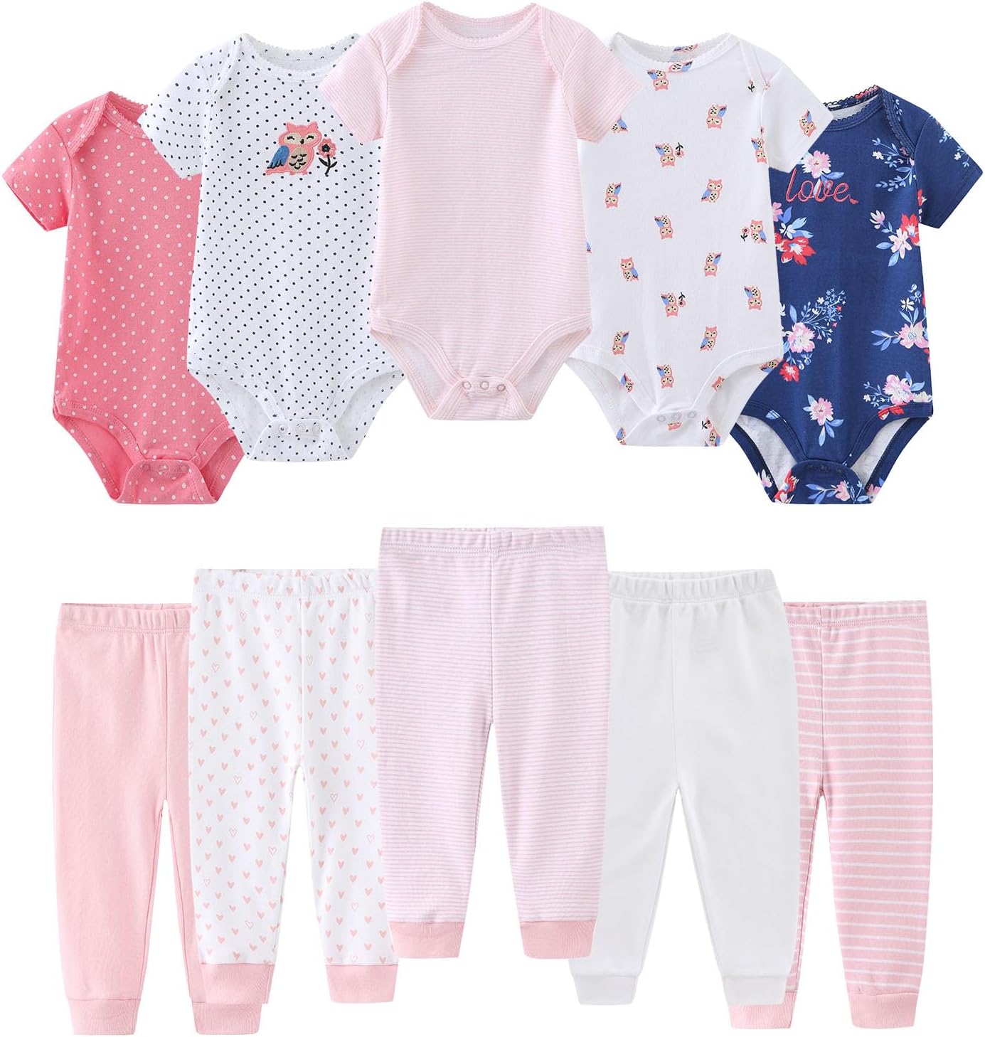 Baby Bodysuit and Pant Set 10-pcs Cotton Soft Newborn Clothes