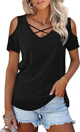 Amoretu Womens Summer Shirts V Neck Criss Cross Cold Shoulder Tops