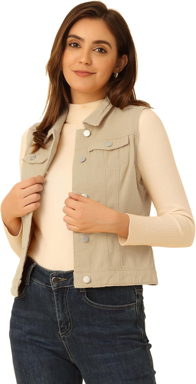 Allegra K Women's Buttoned Washed Denim Vest Jacket for Style
