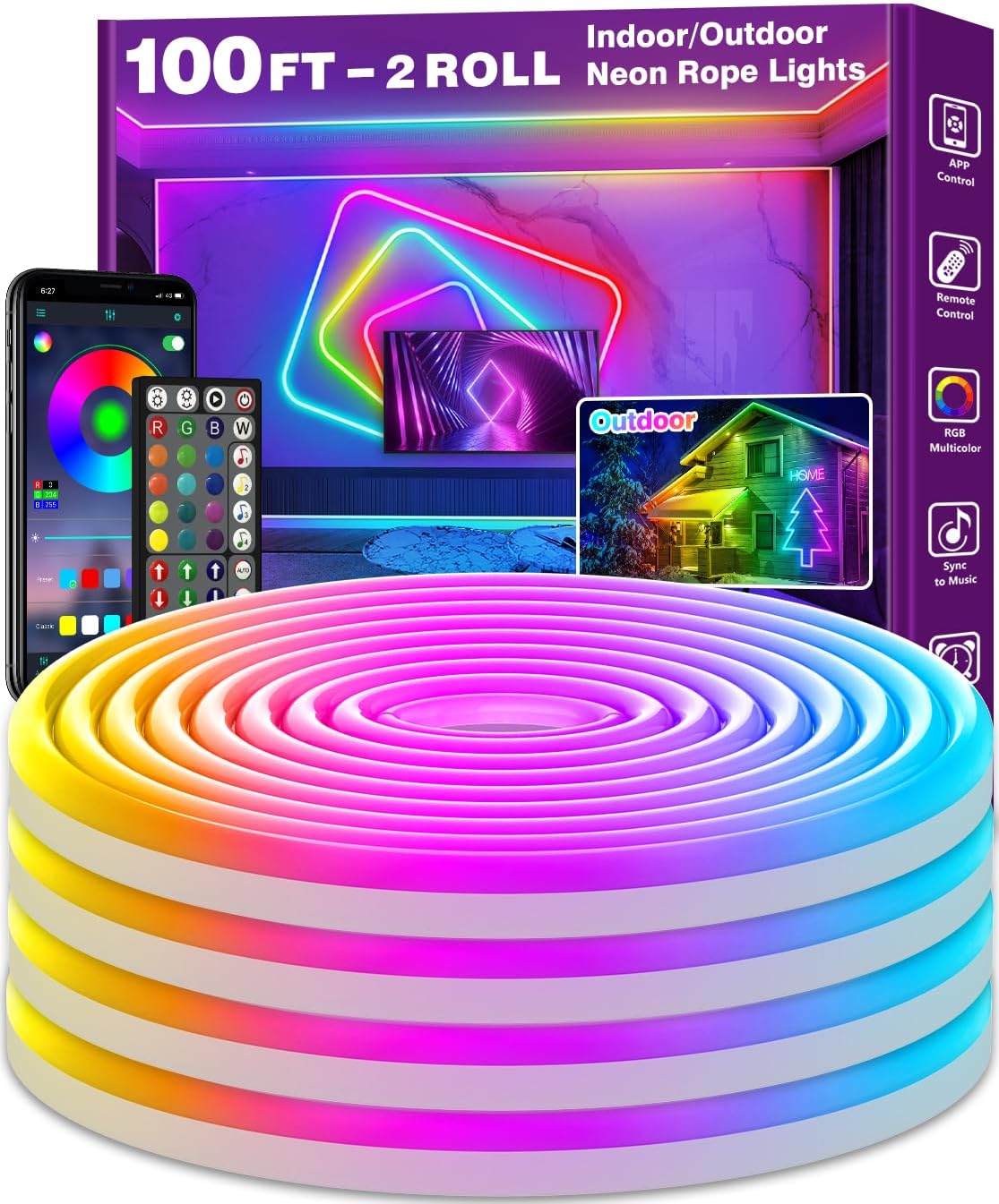 AILBTON 100Ft Neon Rope Lights for Gaming and Home Decor