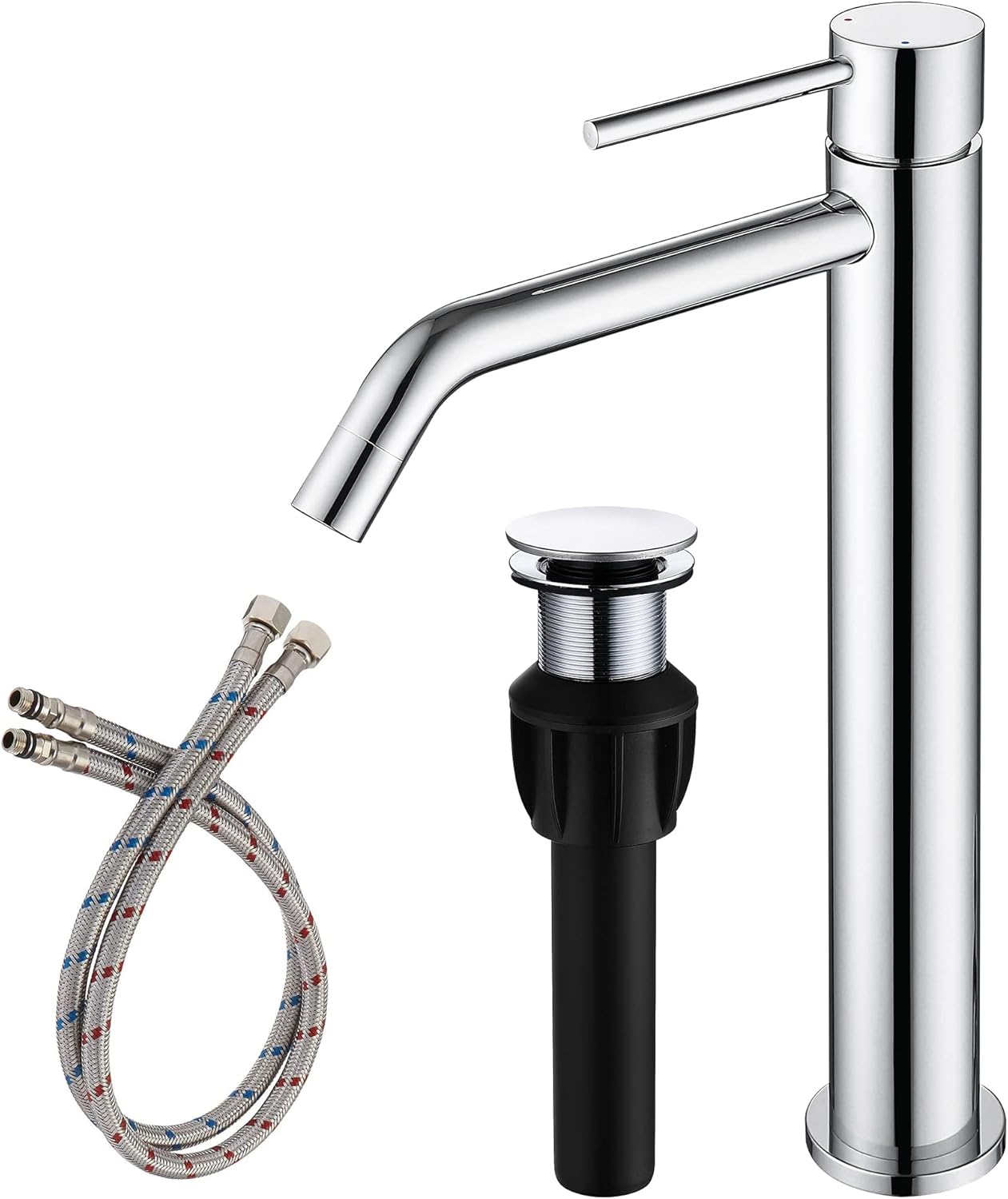Chrome Tall Bathroom Faucet with Sink Drain and Supply Lines