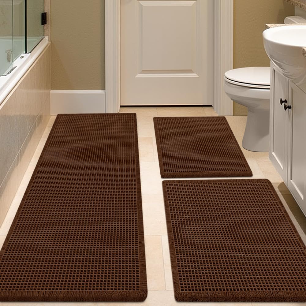 Waffle Bath Mat Set 3 Piece Brown for Modern Bathroom Decor