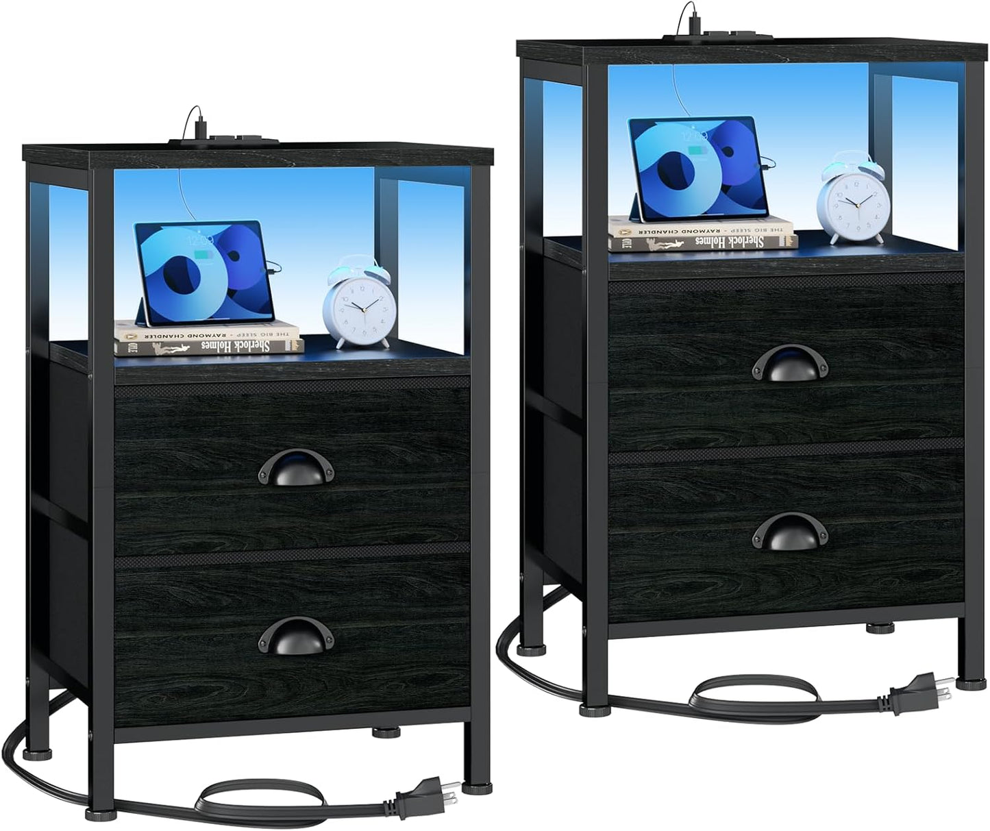 Furologee Nightstands Set of 2 with LED Lights and Charging Station