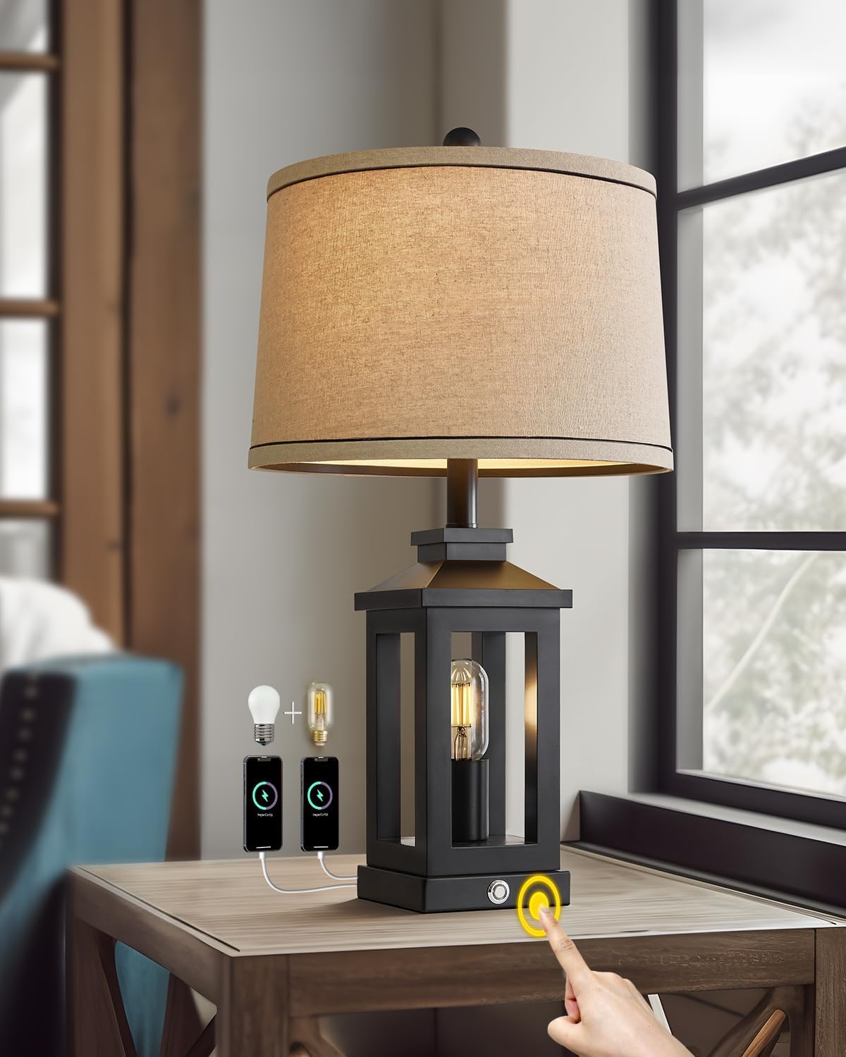 23.75in Retro Farmhouse Black Table Lamp with USB Ports