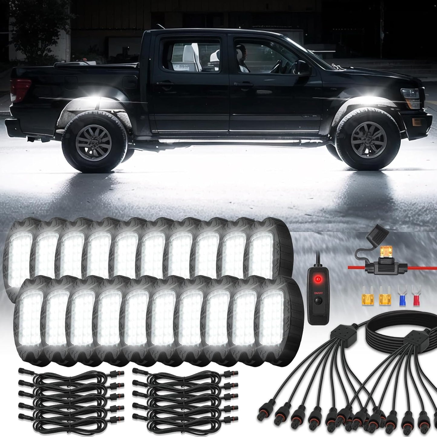 20Pods Metal Pure White LED Rock Lights Kit for Trucks and SUVs