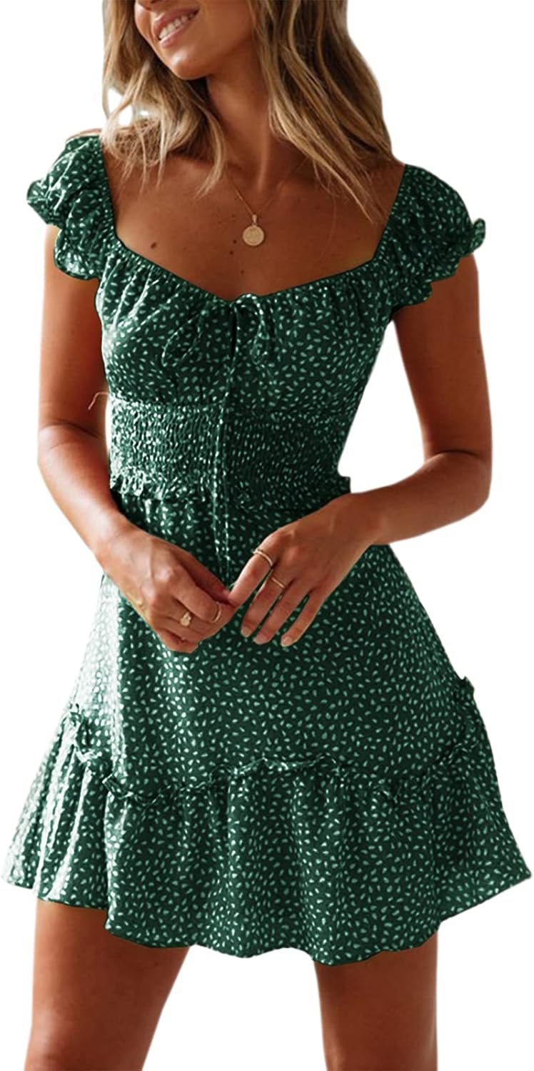 YOBECHO Womens Summer Ruffle Sleeve Sweetheart Neckline Dress