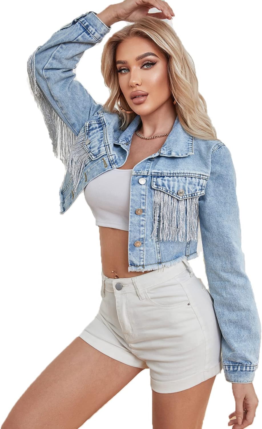 Womens Crop Denim Jacket with Tassel and Fringe Design for Style