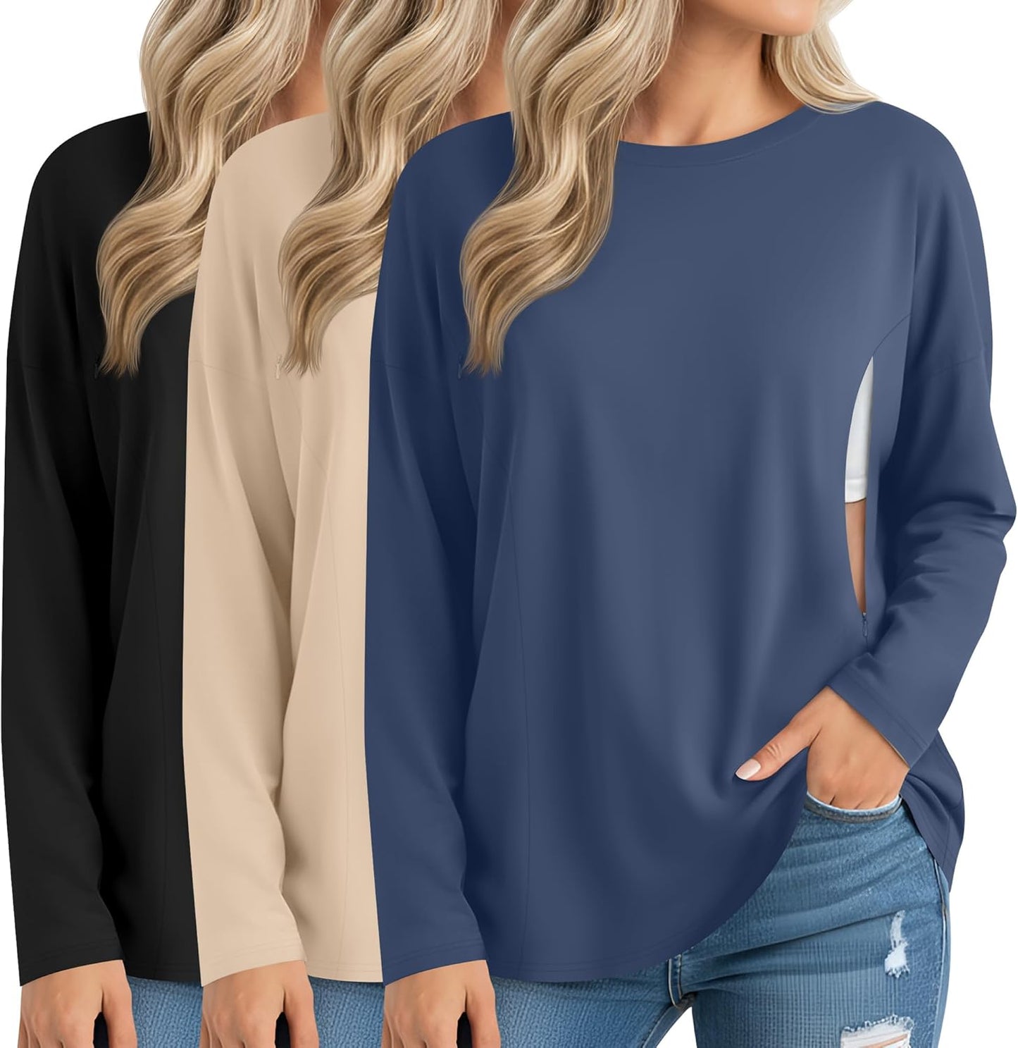 3 Pack Women's Nursing Tops with Hidden Zipper for Comfort
