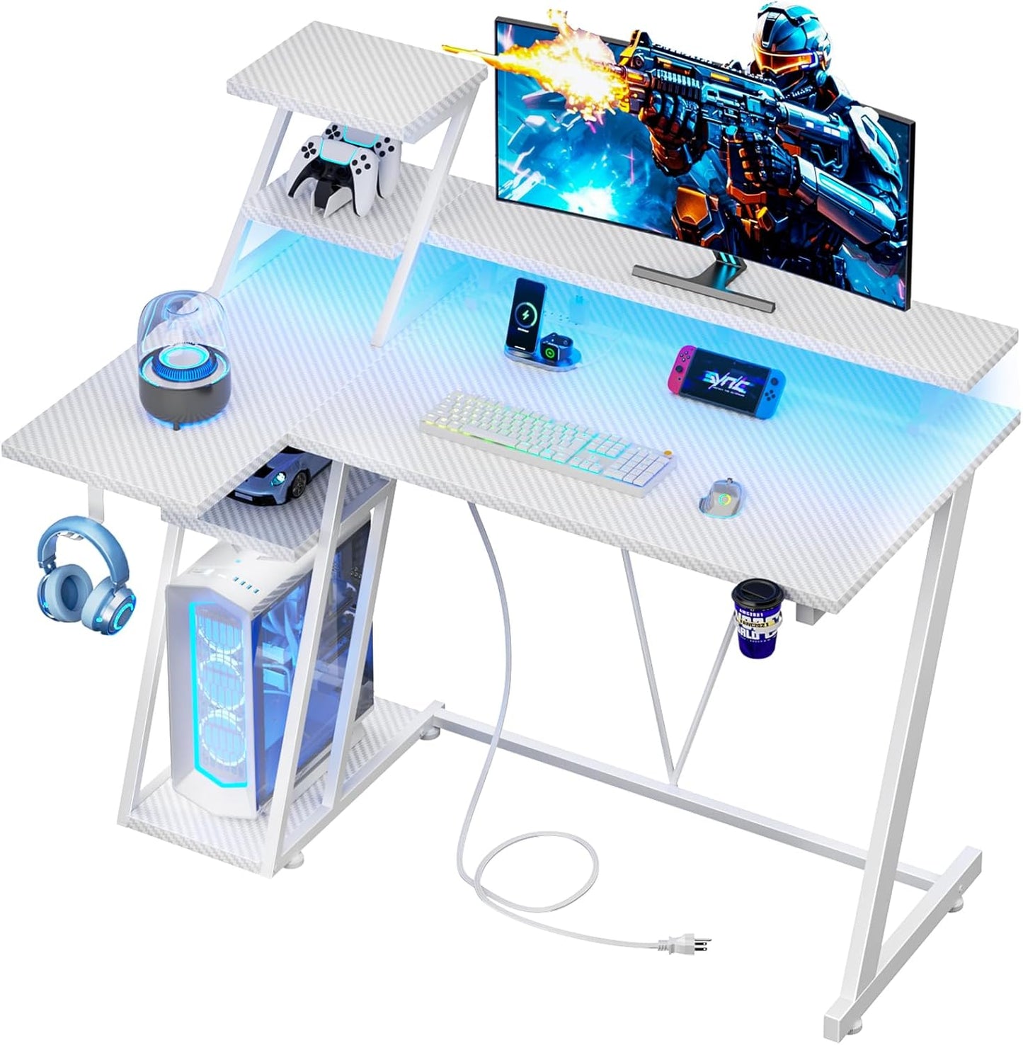 40 Inch White Gaming Desk with LED Lights & Power Outlet Features
