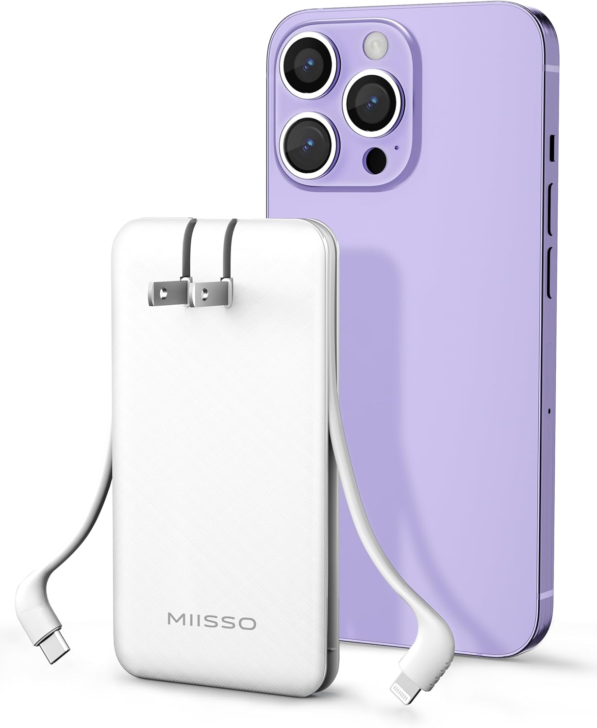 miisso Ultra Slim 10000mAh Power Bank with Built-in Cables, Pocket Size Portable Charger