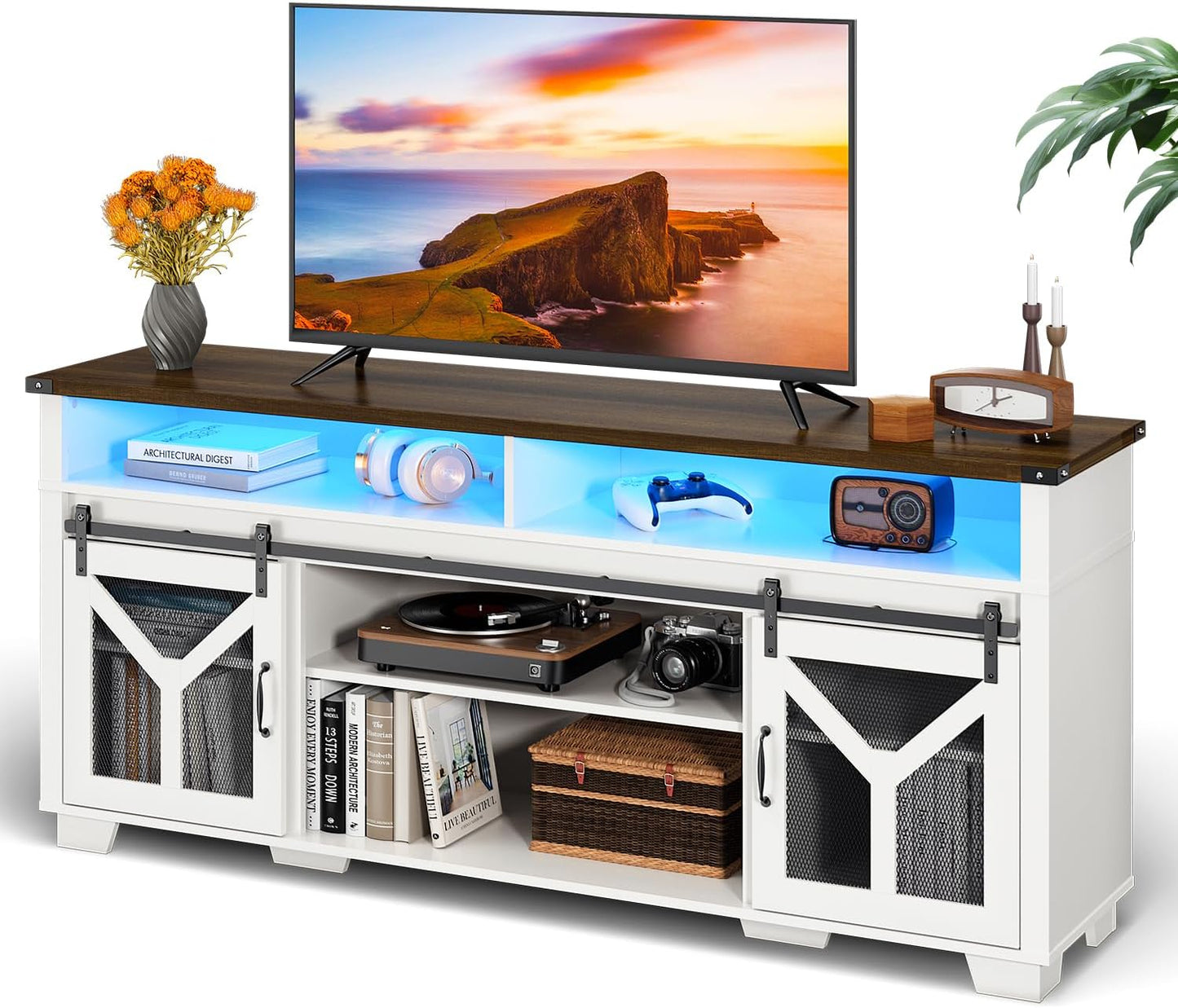 Rustic Farmhouse TV Stand for 75 TVs, Barn Door Entertainment Center - White