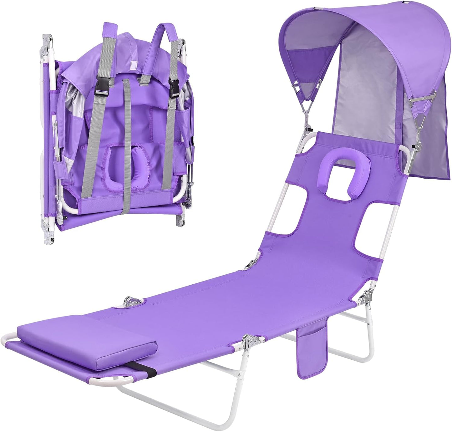 Backpack Beach Tanning Chair with Canopy Sun Shade & Face Hole