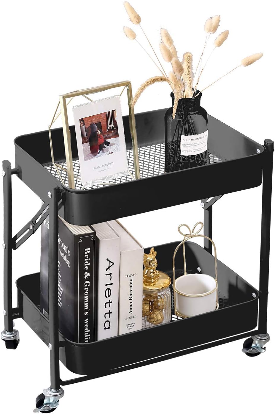 2-Tier Metal Folding Rolling Cart for Home Office Kitchen Use