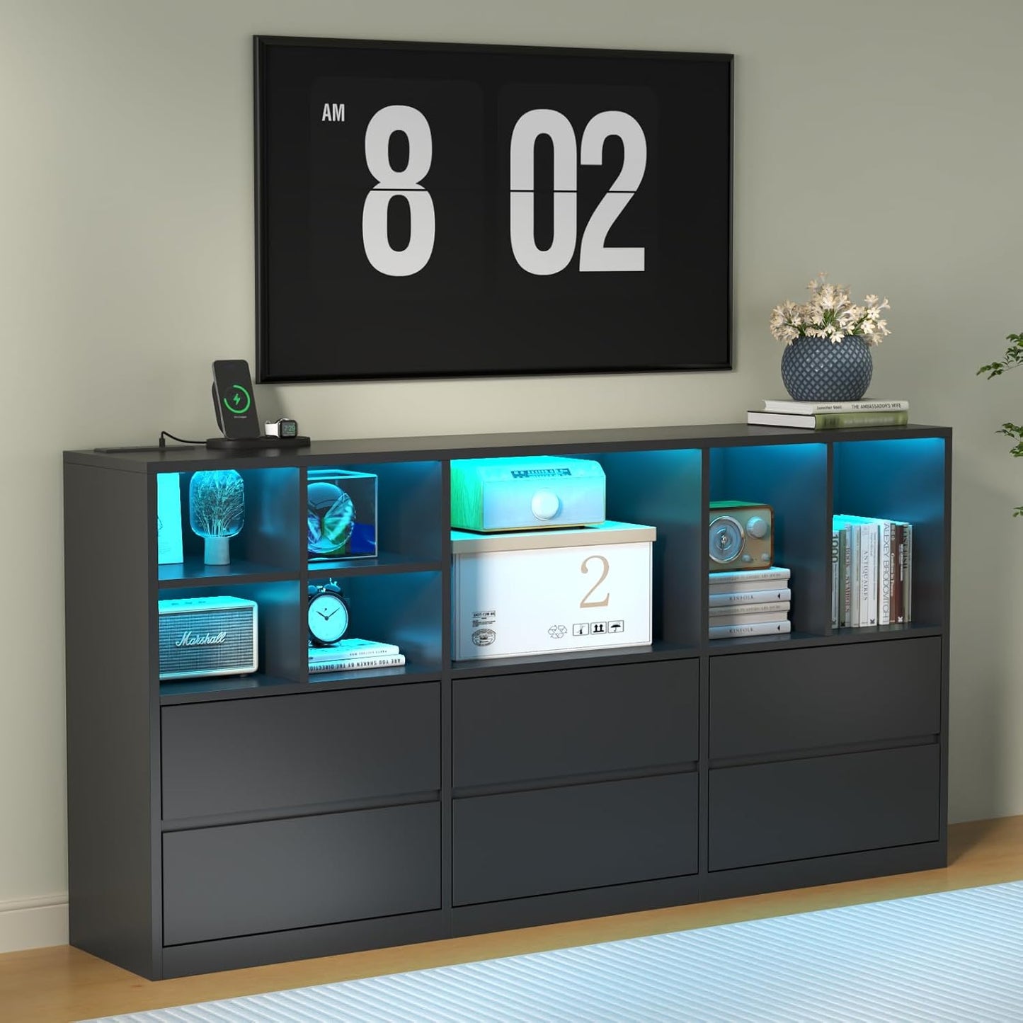 63 Modern TV Console w/ LED Lights & Power Outlet - Auromie