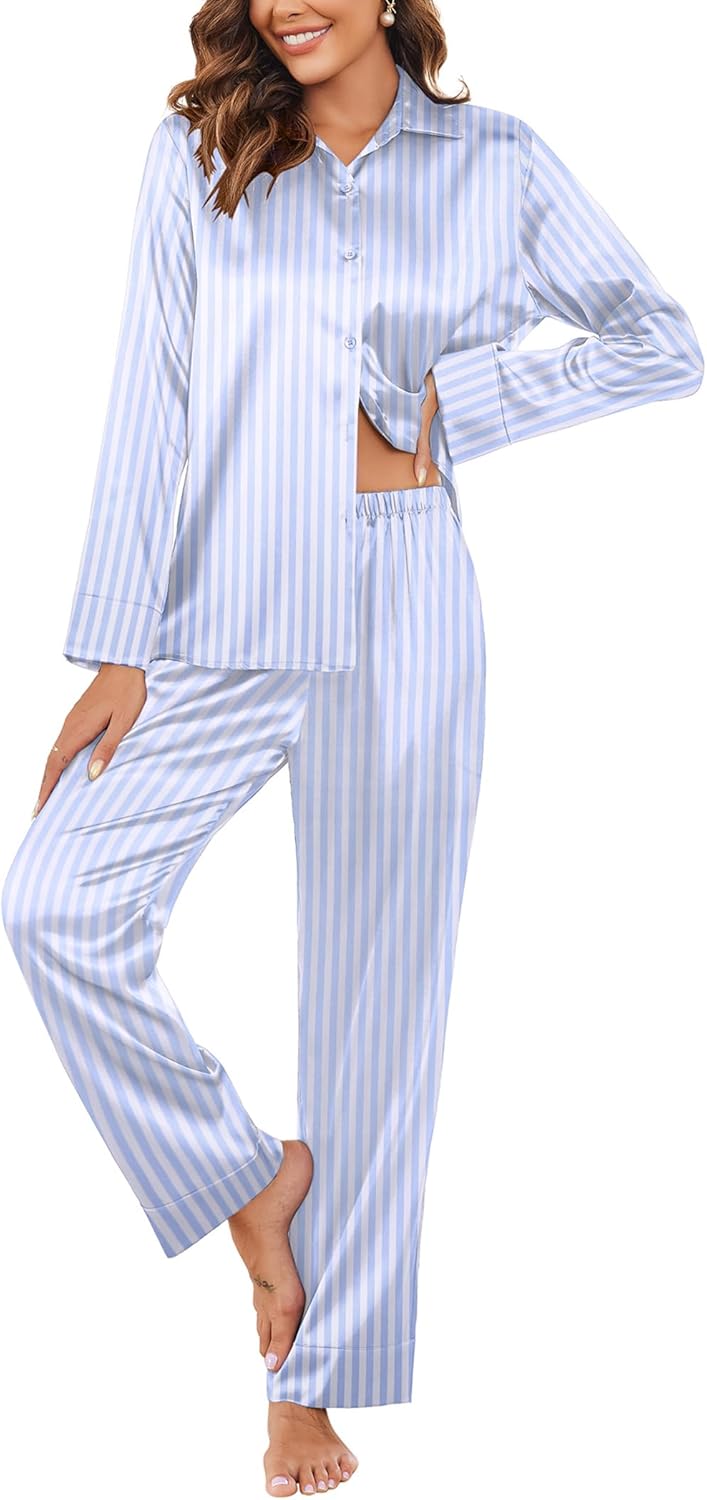 Ekouaer Classic Satin Pajamas for Women Long Sleeve Sleepwear