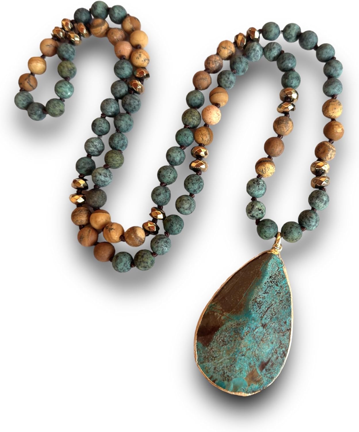 Long Genuine Stone Beads and Pendant Necklace for Women