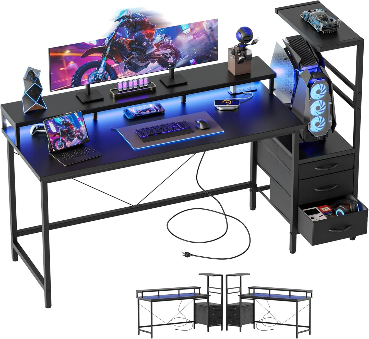 Mericonia Gaming Desk with LED Lights and Power Outlets