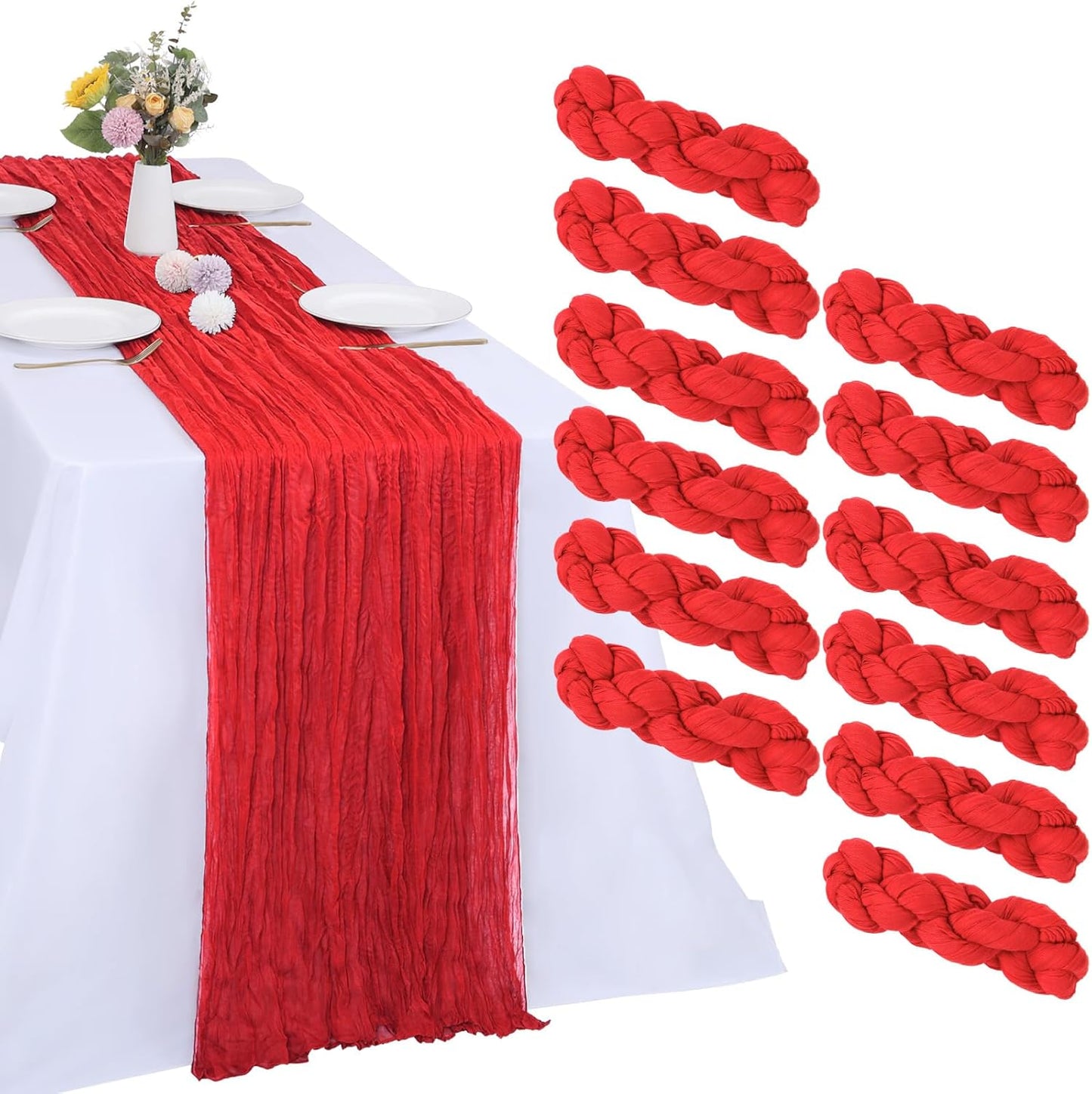 RestfulGlow Red Cheesecloth Table Runner 10FT for Elegant Decor