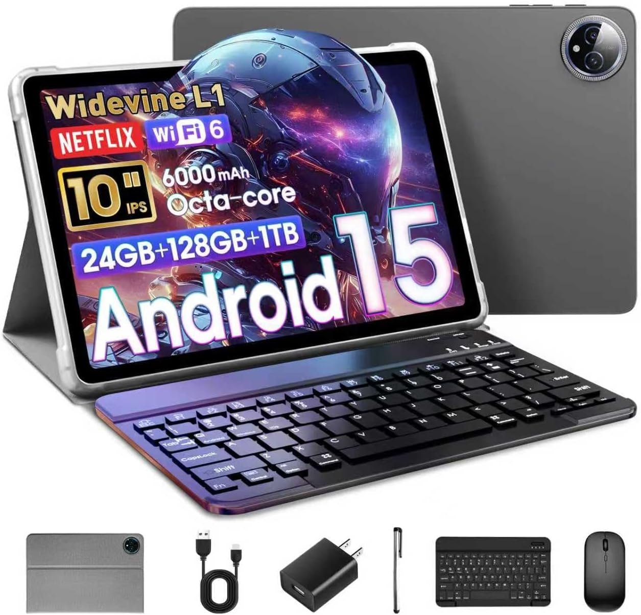 10 Inch Android 15 Tablet with Keyboard and 24GB RAM Storage