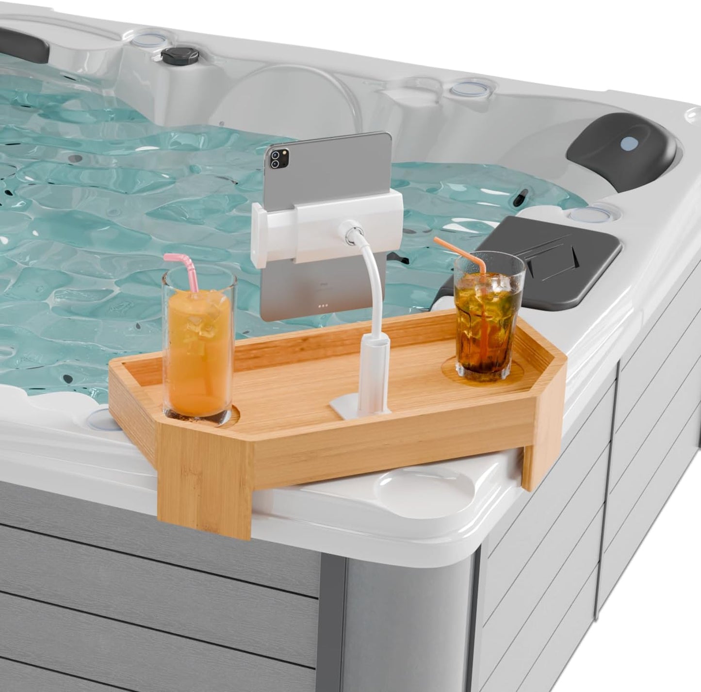 Bamboo Hot Tub Tray with Adjustable Phone Holder for Relaxation