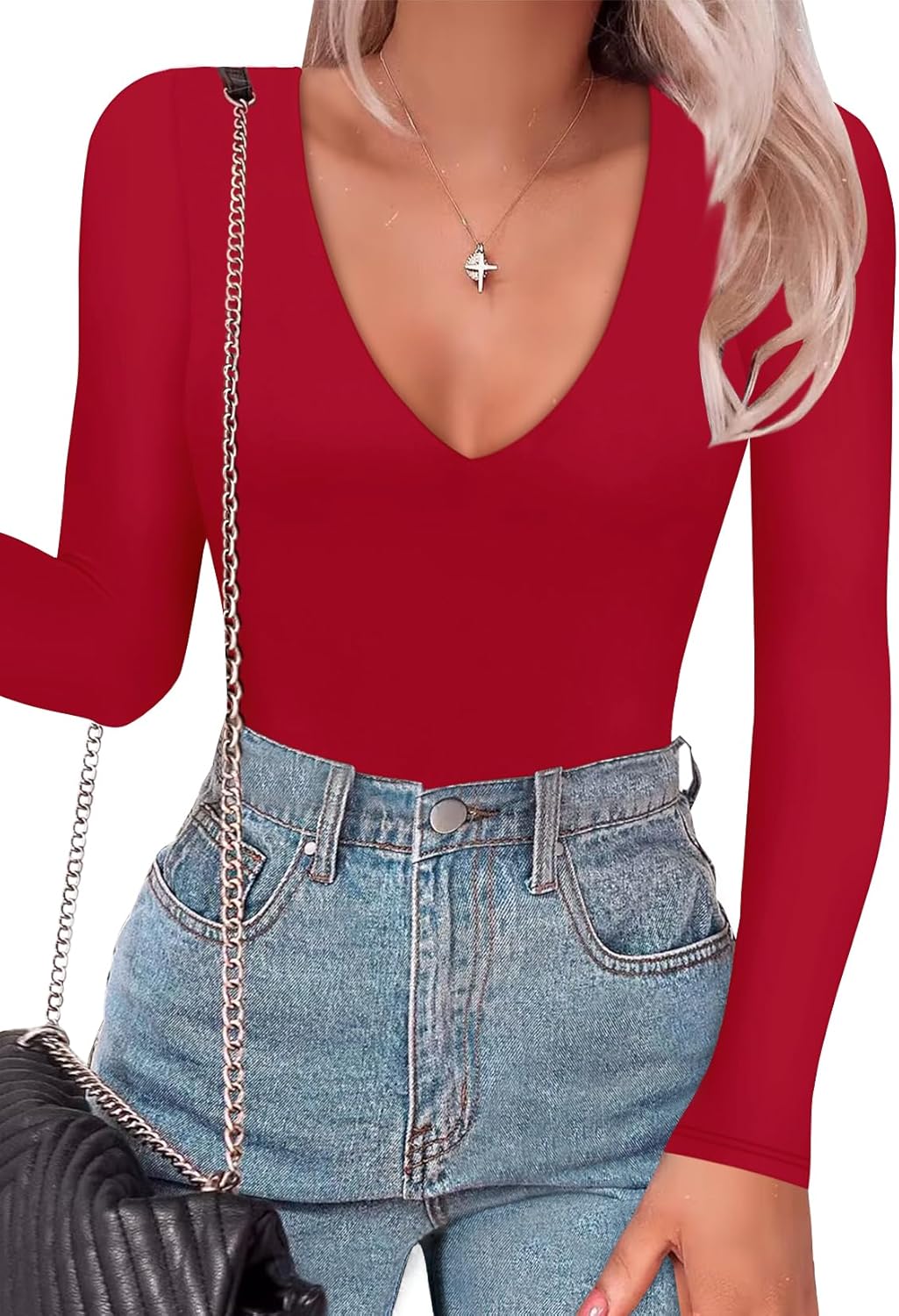 SAUNGKUAI Women's Plunge Deep V Neck Long Sleeve Bodysuit