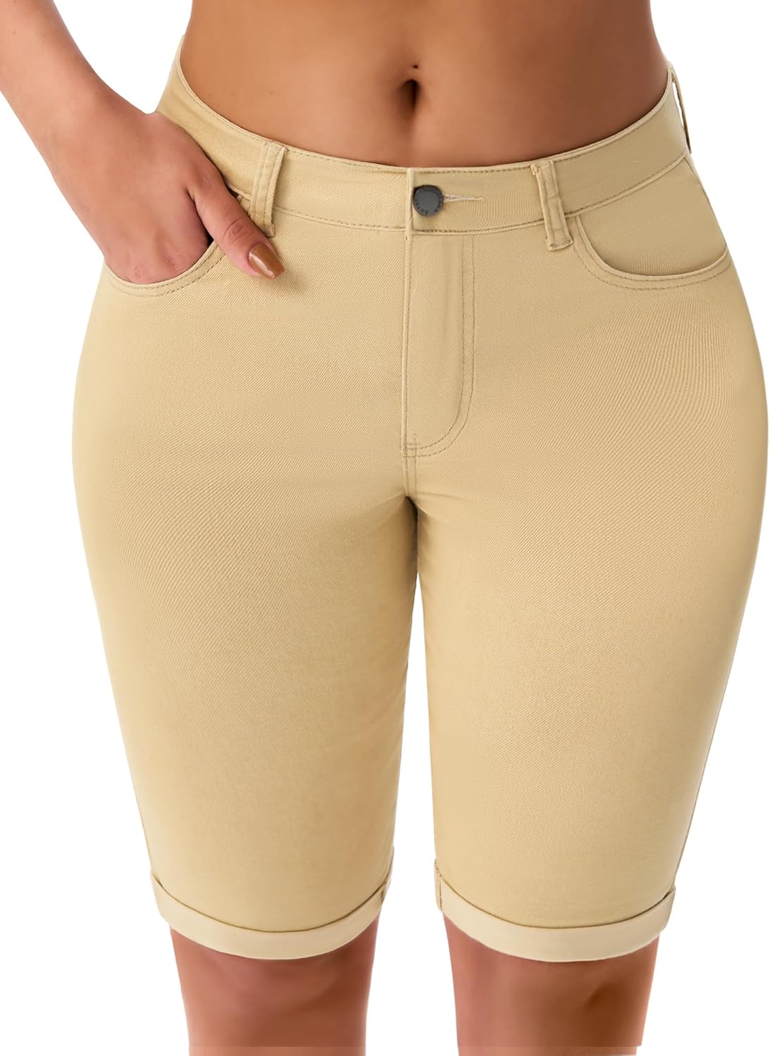 Roswear Womens Mid Rise Roll Cuff Bermuda Stretch Denim Shorts