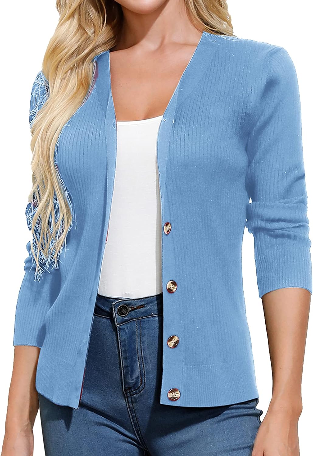 Button Up V Neck Long Sleeve Cardigan Sweater for Women