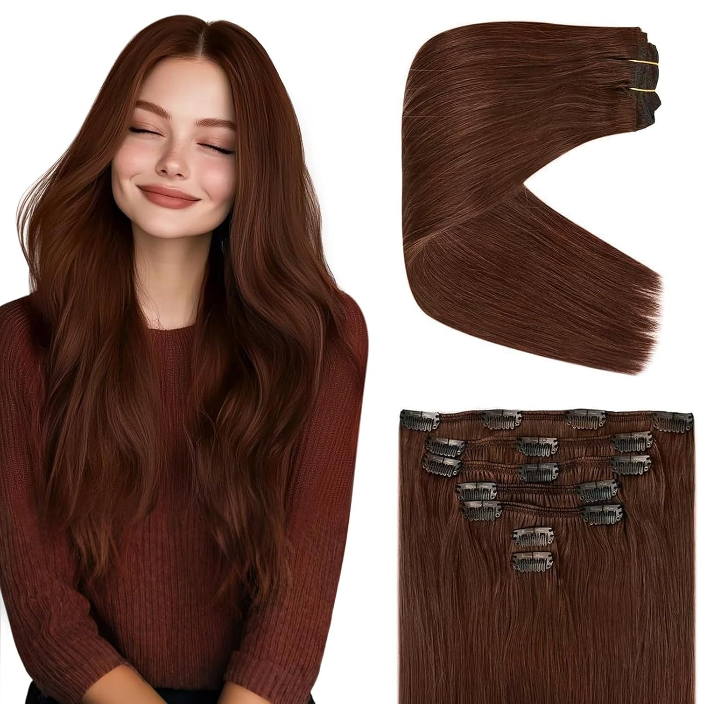 Ve Sunny Clip in Extensions Real Human Hair Dark Auburn