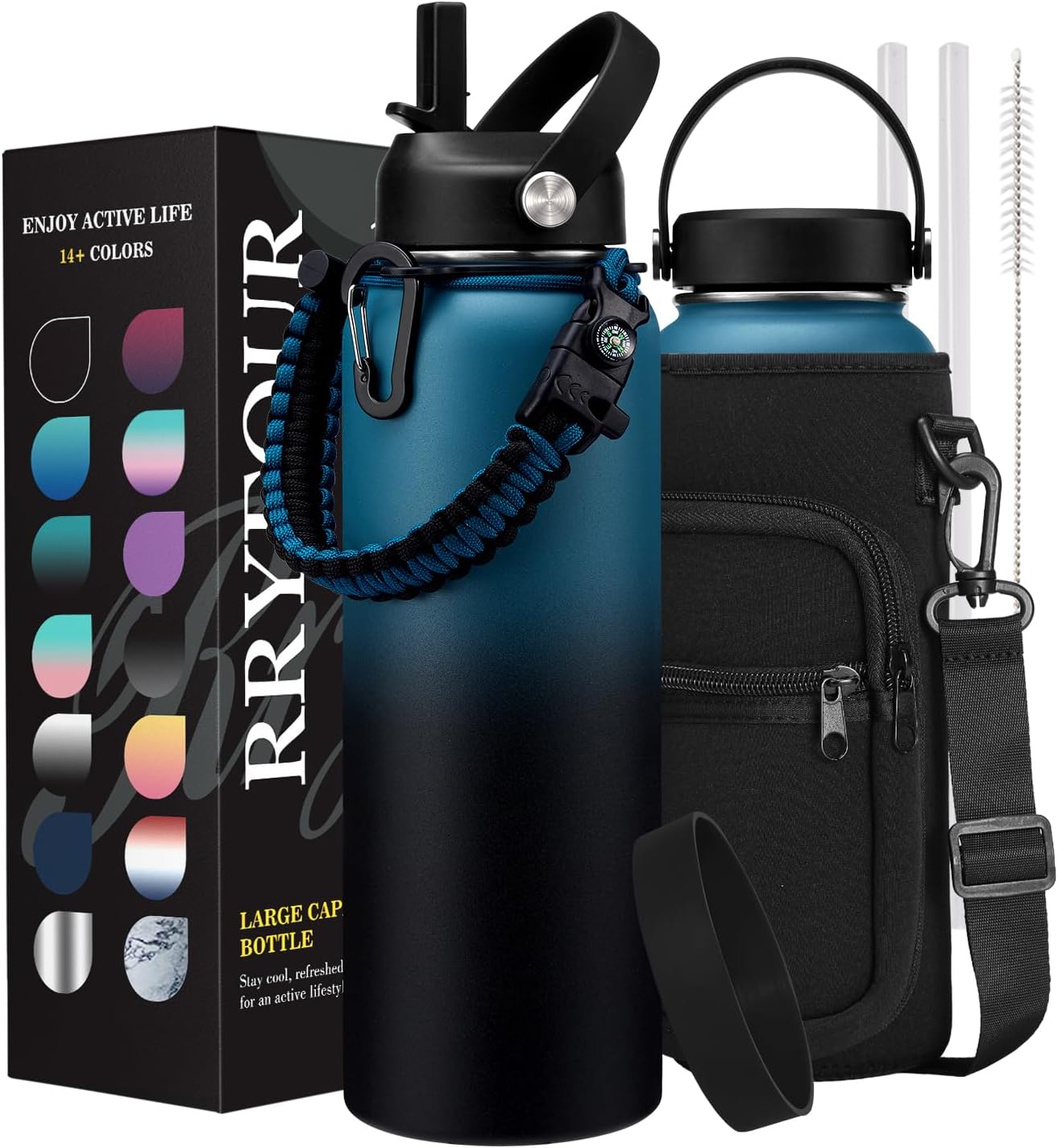 40 oz Insulated Water Bottle with Straw and Accessories Set