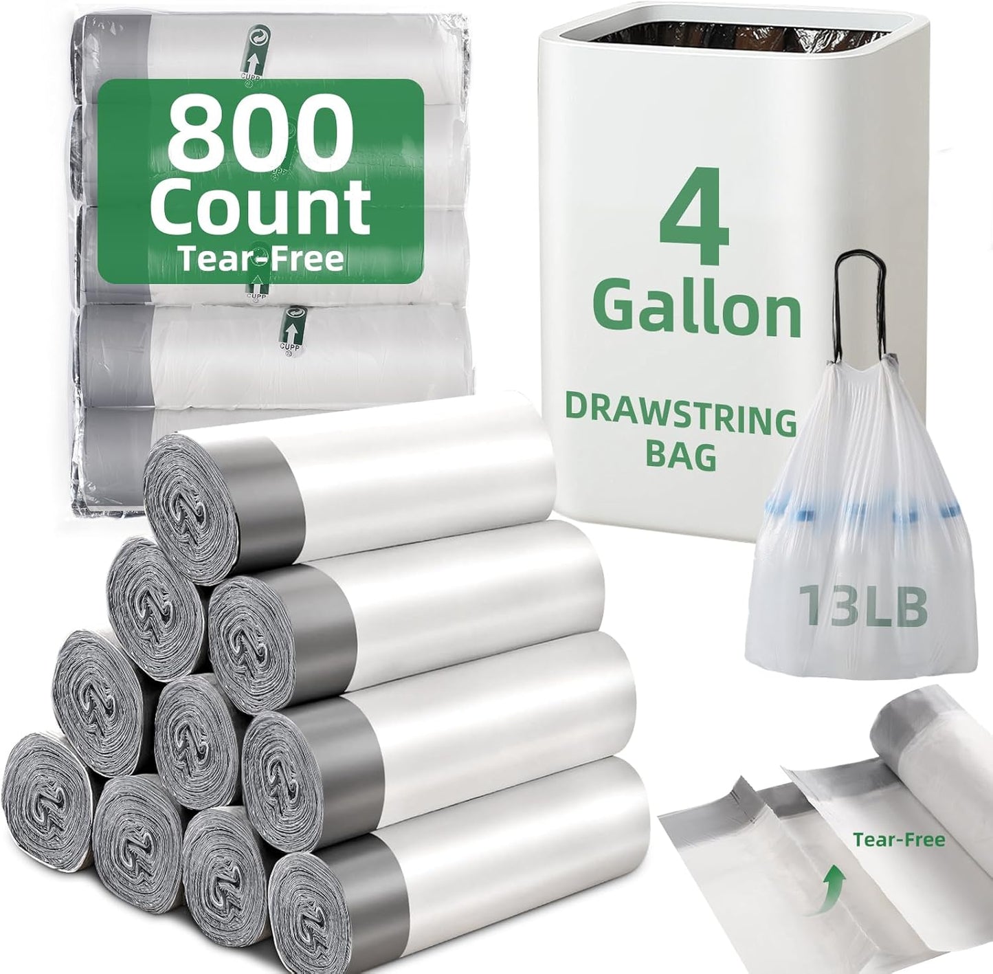 800 Counts 4 Gallon Trash Bags - Strong Drawstring Garbage Bags