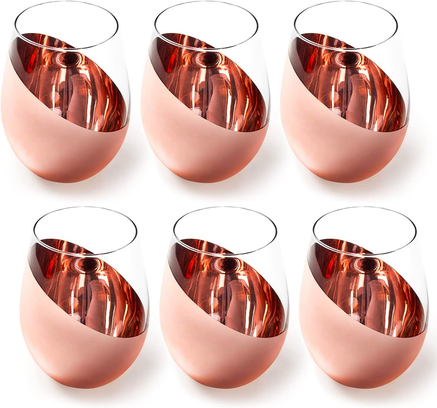 Modern Stemless Wine Glasses Set of 6 with Copper Bottom Design