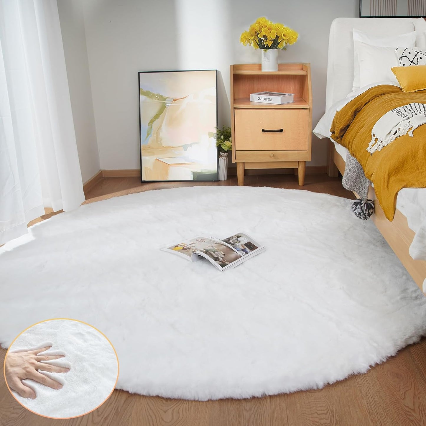 White Round Shag Rugs 6ft Faux Rabbit for Living Room Decor