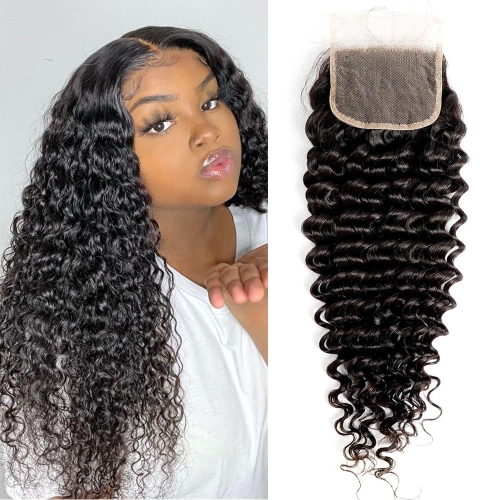 Transparent HD Lace Closure Deep Wave Human Hair 14 Inch