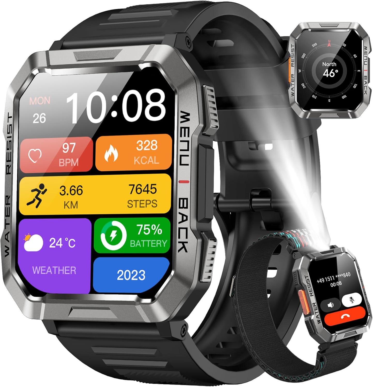 Blackview Military Smartwatch: Make Calls/Flashlight/2 Straps