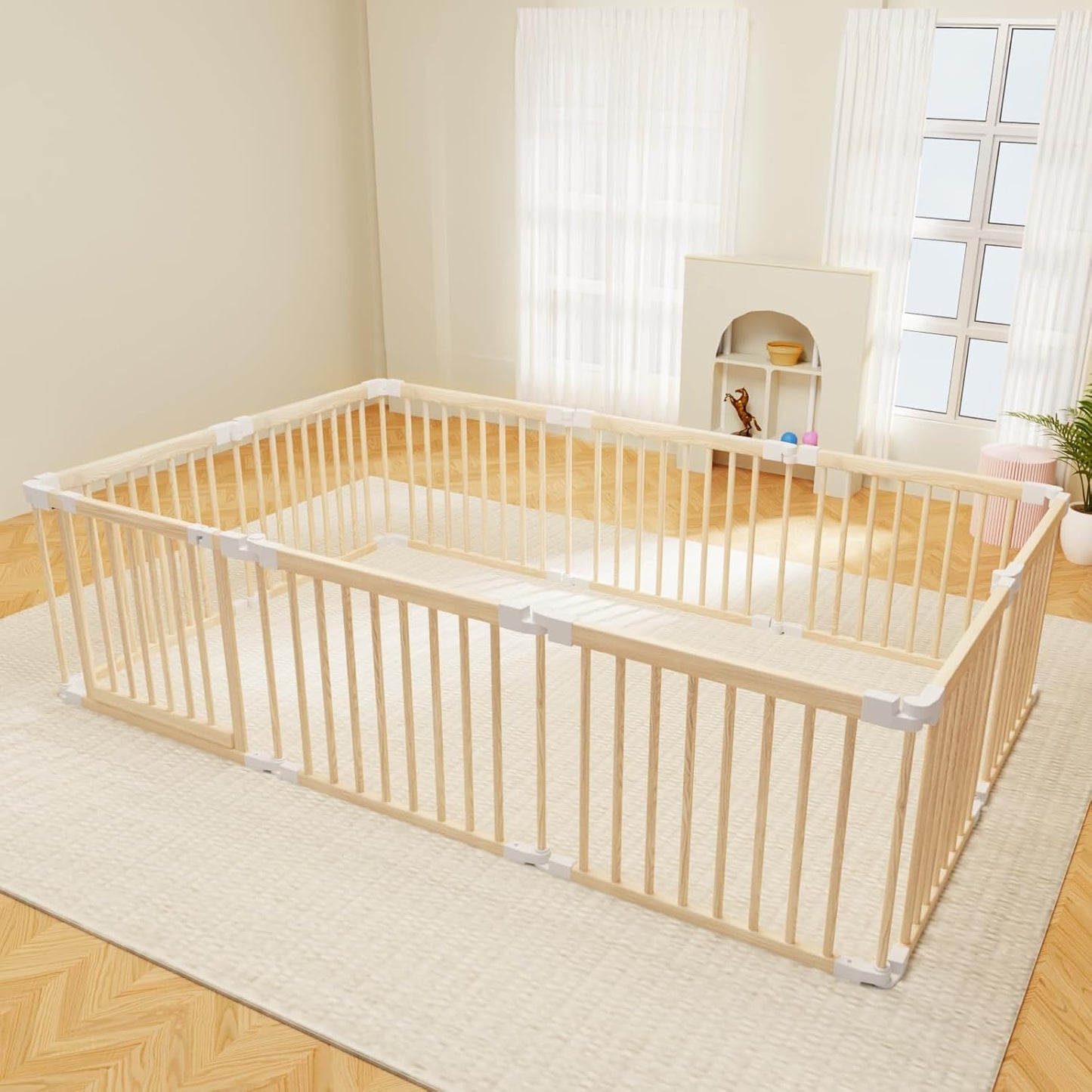 Baby Playpen Foldable Wooden Play Yard with Adjustable Gate