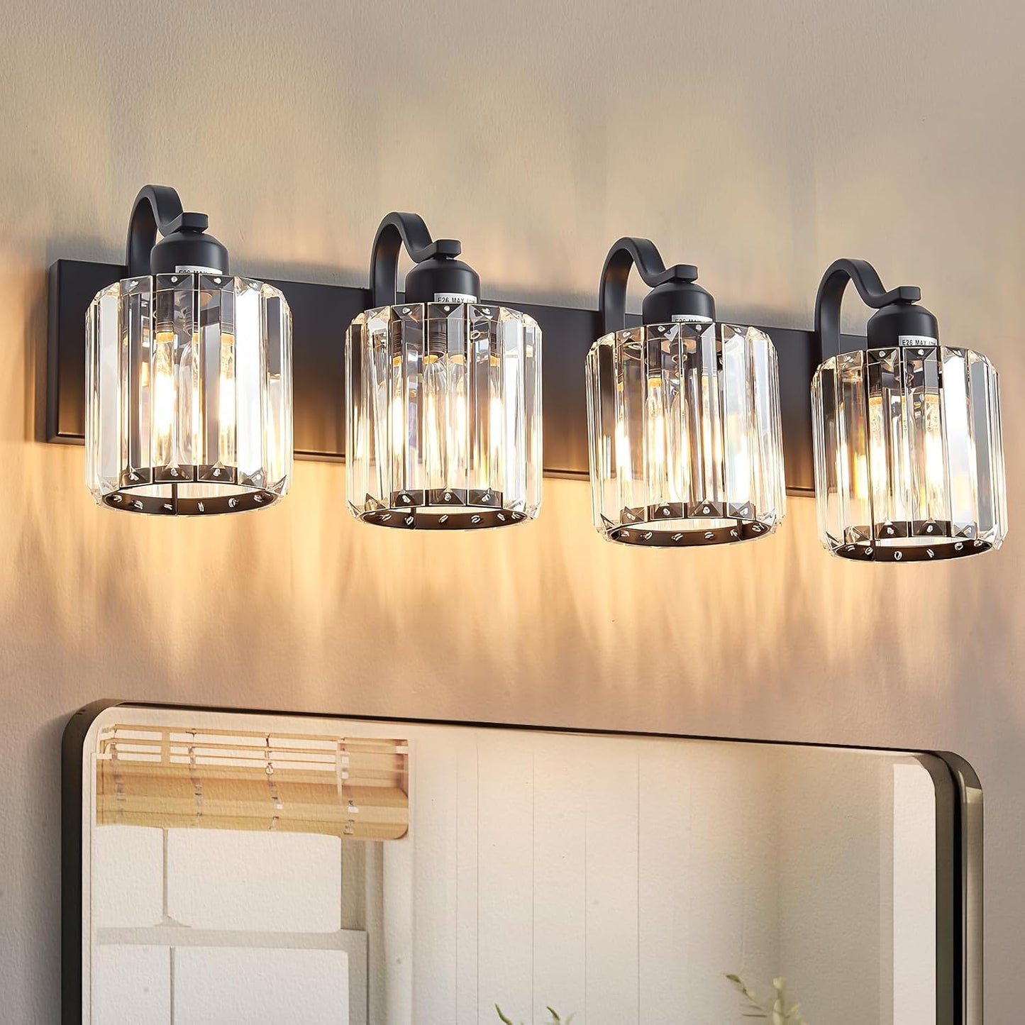 Modern Black 4 Light Fixtures for Bathroom Vanity with Crystal Shade