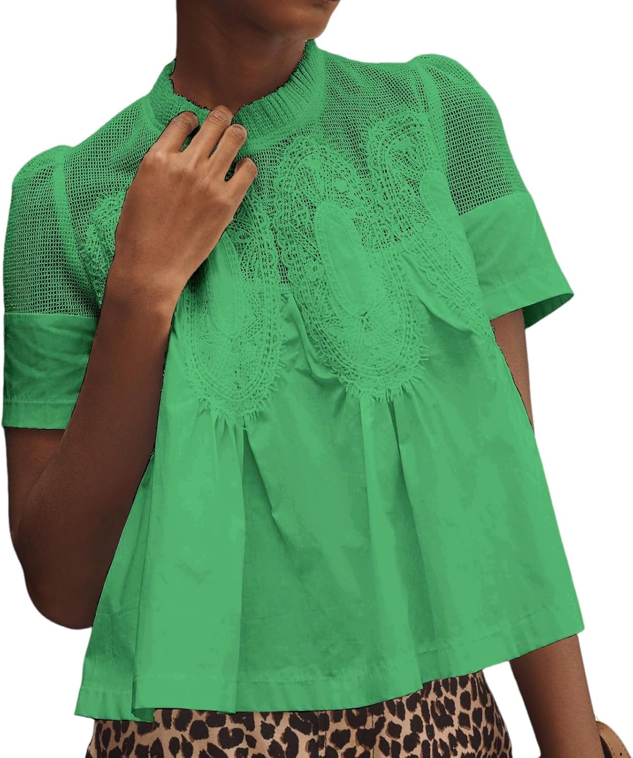 VAOYIU Women Lace-Detail Flared Blouse for Elegant Style