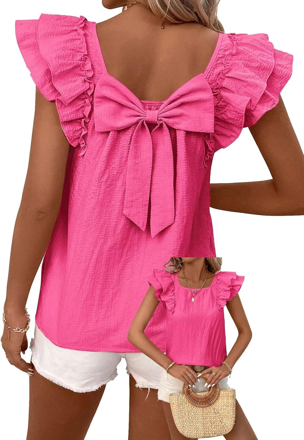 Womens Bow Tie Back Tops Ruffle Short Sleeve Chiffon Tee