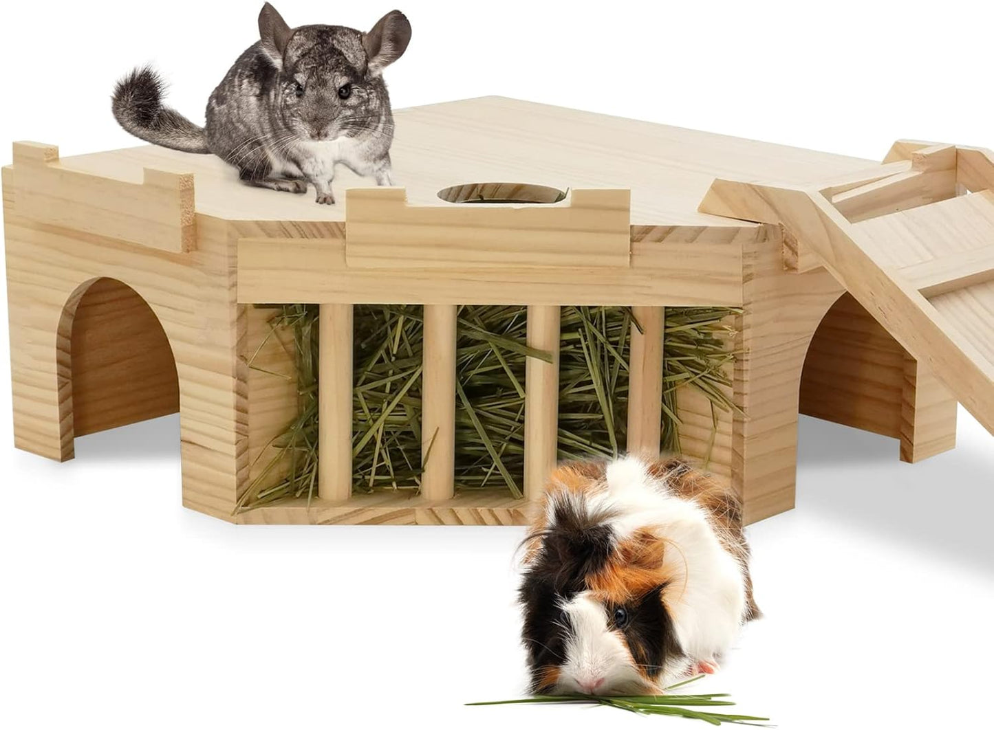 Fhiny Guinea Pig Wooden Castle with Hay Holder for Small Pets