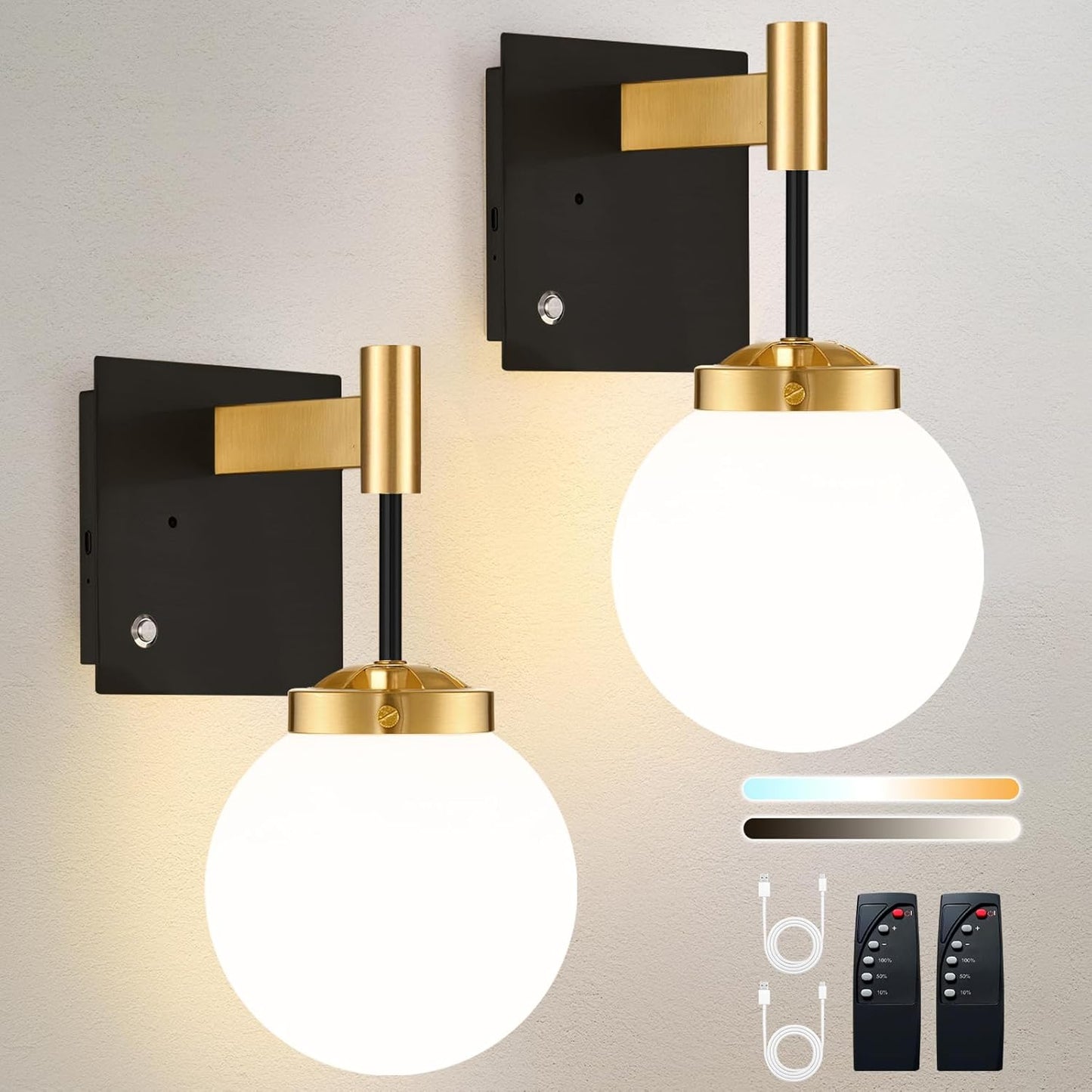 Rechargeable Battery Wall Sconce 2 Pack - Dimmable & Remote Control