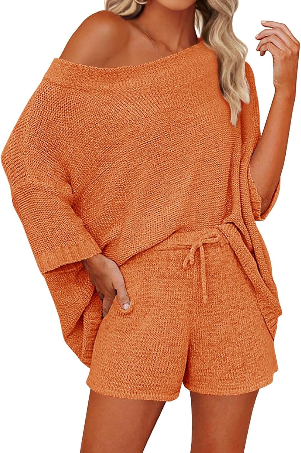 Mafulus Women's 2 Piece Outfits Off Shoulder Knit Top Shorts Set
