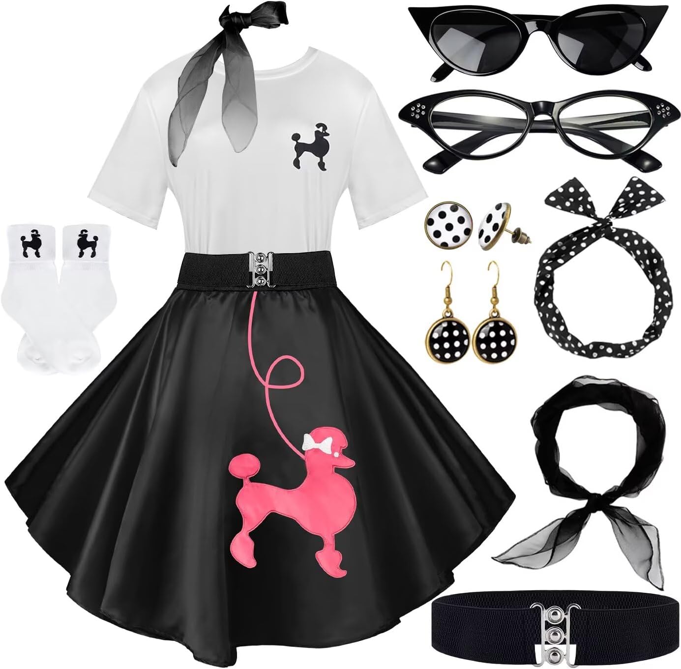 10Pcs Sock Hop Outfits Women with 1950s Poodle Skirts