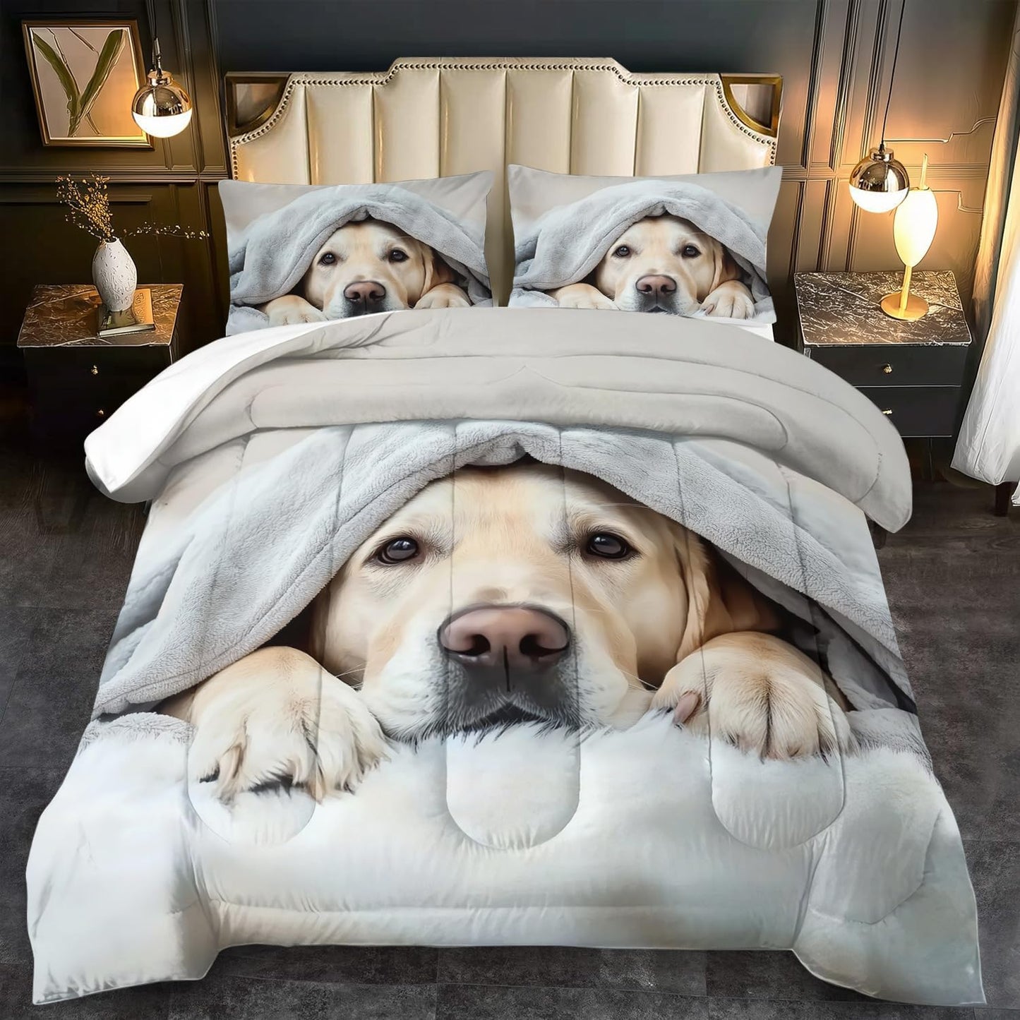 Grey Dog Comforter Set Queen Size for Boys and Girls Bedding