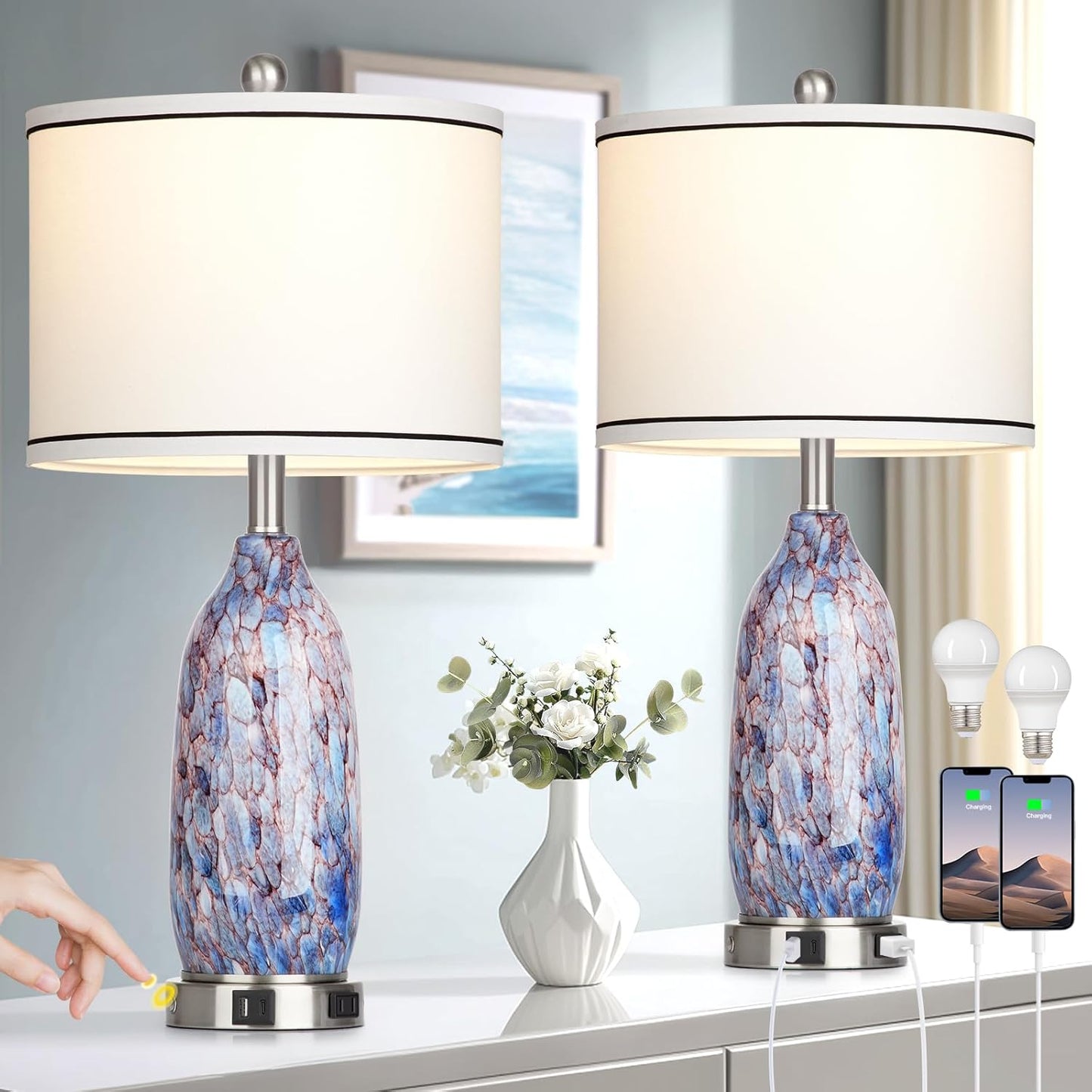 26 Coastal Glass Table Lamps Set of 2 with USB Ports and Bulbs