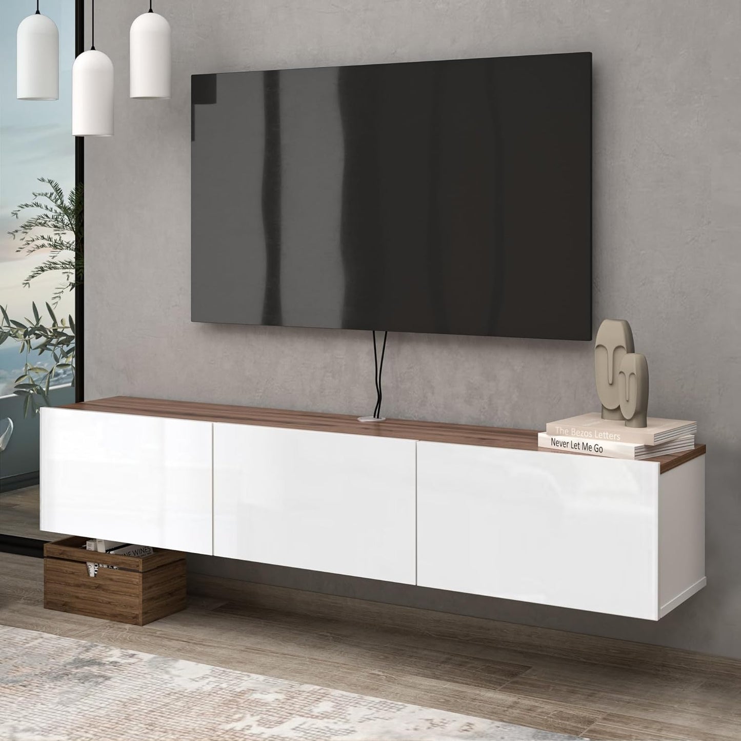 Modern Wall Mounted TV Console - Glossy White, Space-saving Floating Design
